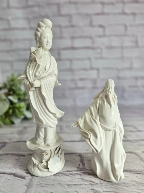 Two Blanc De Chine Porcelain Figures Dehua Guanyin & Chinese Scholar Men