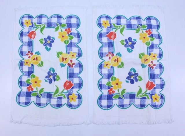 Juego de 2 flecos florales de toalla de mano de cocina azul campo azul blanco a cuadros de cocina