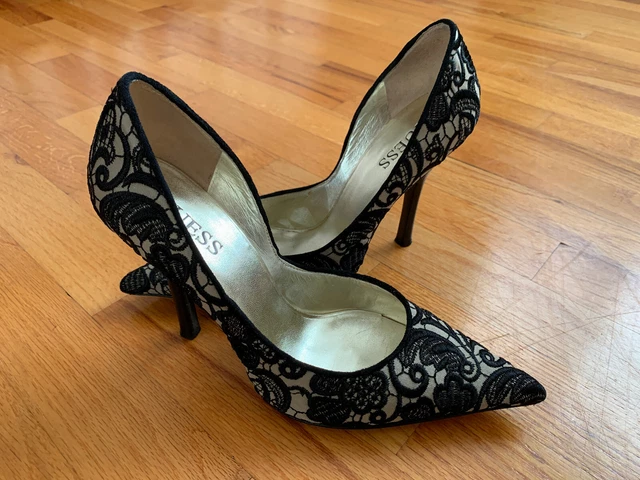 GUESS HIGH HEEL Pumps Stiletto Black and Nude Lace 8 Fabric Upper Floral 23.00 PicClick