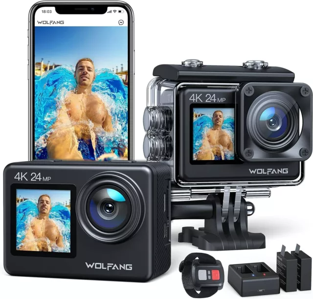 Wolfang Action Cam Unterwasserkamera Helmkamera 4K UHD 24MP WiFi 40M wasserdicht