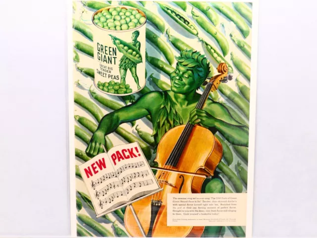 Jolly Green Giant Playing A Cello 1950 Colorful Sweet Peas Ad.