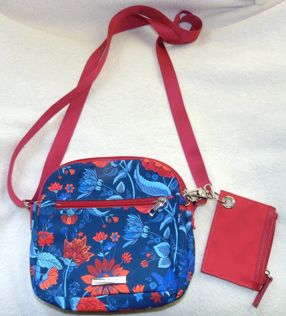 SAMANTHA BROWN Multi-Pocket Cross Body Shoulder Bag  PURSE Blue Red Floral New