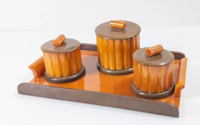 Mid-Century Art Deco Bakelite Catalin Amber Desk Smoking Set Jars 853g