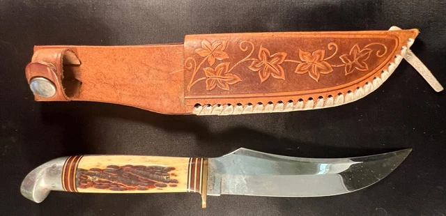 Vintage Craftsman Fixed Blade Hunting Bowie Knife & Leather Sheath