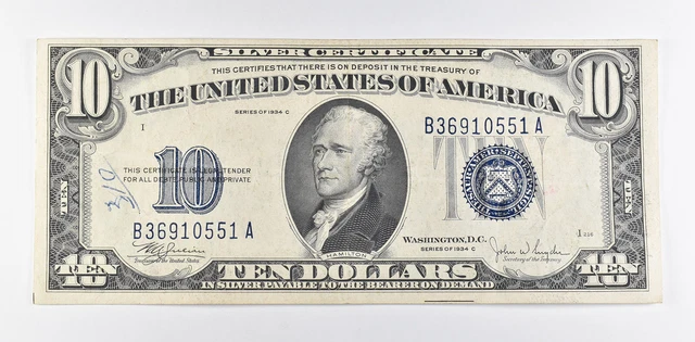 SILVER 1934-C $10 Silver Certificate Blue Seal United States Note $10 *498
