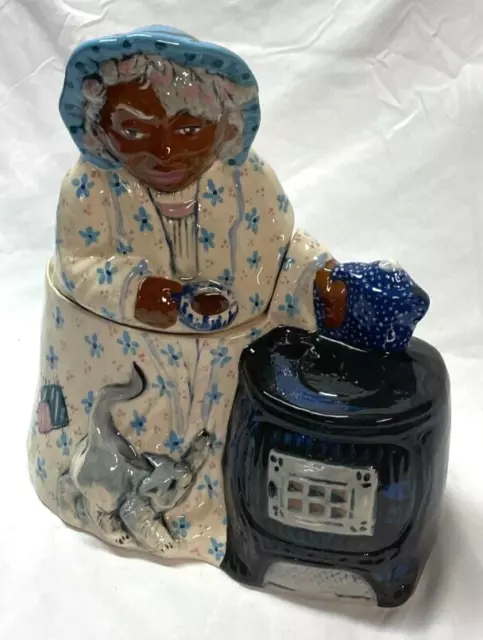 Signed Rick Wisecarver Blue Bonnet Old Woman Making Coffee on Stove Cookie Jar