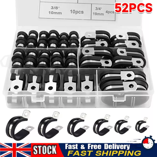 Rubber Lined P Clip Hose Pipe Clamp Cable Mounting Clip Stainless Steel 52PCS