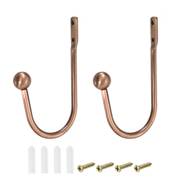 2Pcs Aluminum Alloy Wall Mounted Curtain Holdback U Shaped Drapery Hooks, Copper