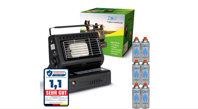 2in1 Tragbare Gasheizung Camping Butan Gas Kocher Keramik +6 Gaskartuschen 1,3KW