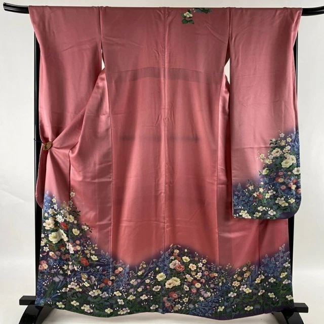 Japanese Kimono Furisode Pure Silk Flower Basket Flowers Gold Paint Gradation