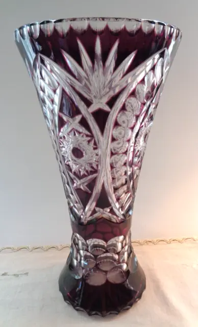 Amazing Large Vintage Czech Hand Cut Ruby Red To Clear Glass Bohemian Vase