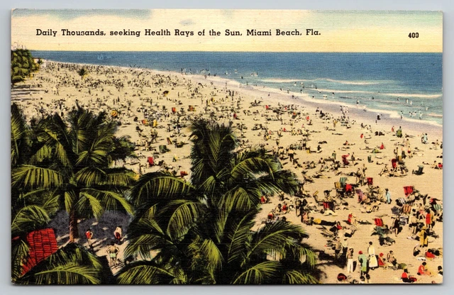 Miami Beach Florida Aerial View Busy Beach Posted 1943 FL Linen Postcard