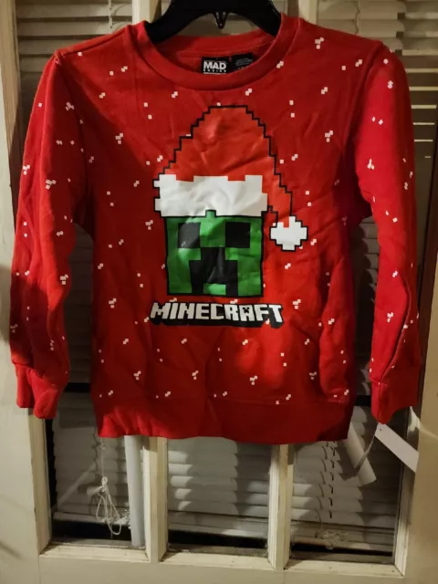 Mad Engine Minecraft Ugly Christmas Sweatshirt SMALL Boys Red Sweater Santa