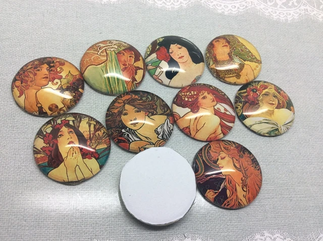 10 Alphonse Mucha Art Cabochons 16-25mm Mixed Round Glass Charm Dome Flat Back 3