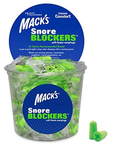 Snore Blockers Soft Foam Earplugs, 100 Pair Tub – Individually Wrapped – 32 d...