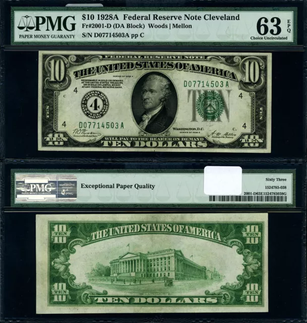 FR. 2001 D $10 1928-A Federal Reserve Note Cleveland D-A Block Choice PMG CU63 E