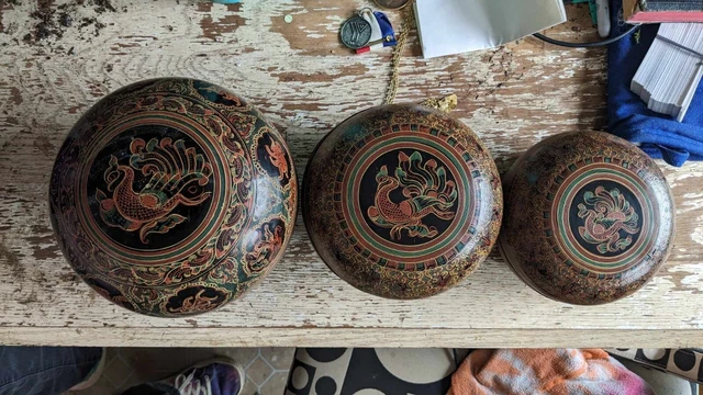 Set Of 3 Antique Burmese Handpainted Lacquer Nesting Bowls/Boxesoxes