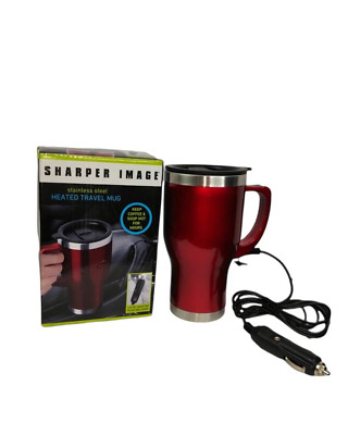 Sharper Image Heated Travel Mug Red Stainless Steel 1020014 With Adapter 14 oz