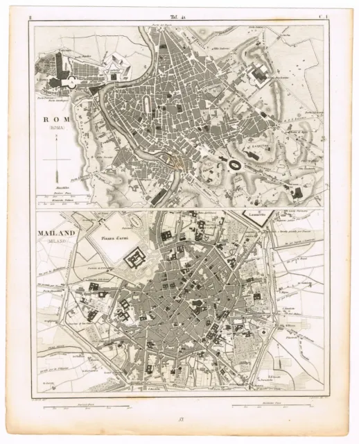 Antique Print Vintage 1851 Engraving Map Cartography Rome Milan Italy City Views