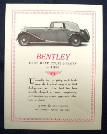 Bentley D.h.c. 4 1/2 Litre Sales Sheet Circa 1936. Bentley D.h.c. 4 1/2 Litre Sales Sheet Circa 1936.