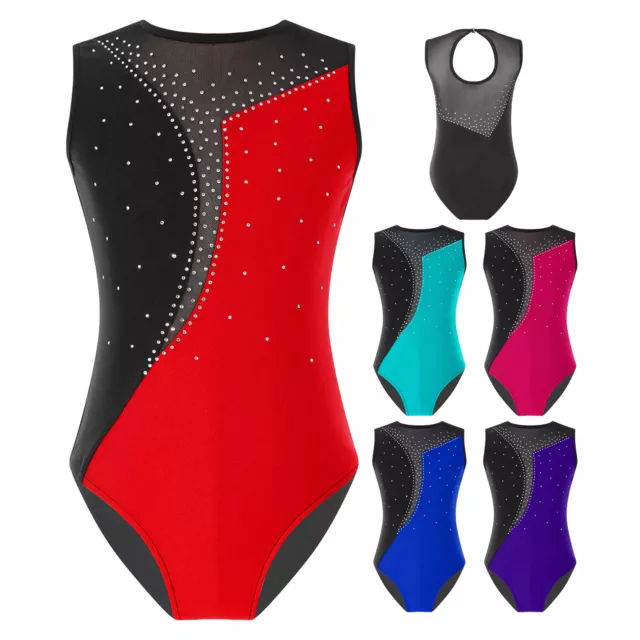 Kids Girls Leotards Contrast Color Jumpsuit Shiny Bodysuit Patchwork Leotard