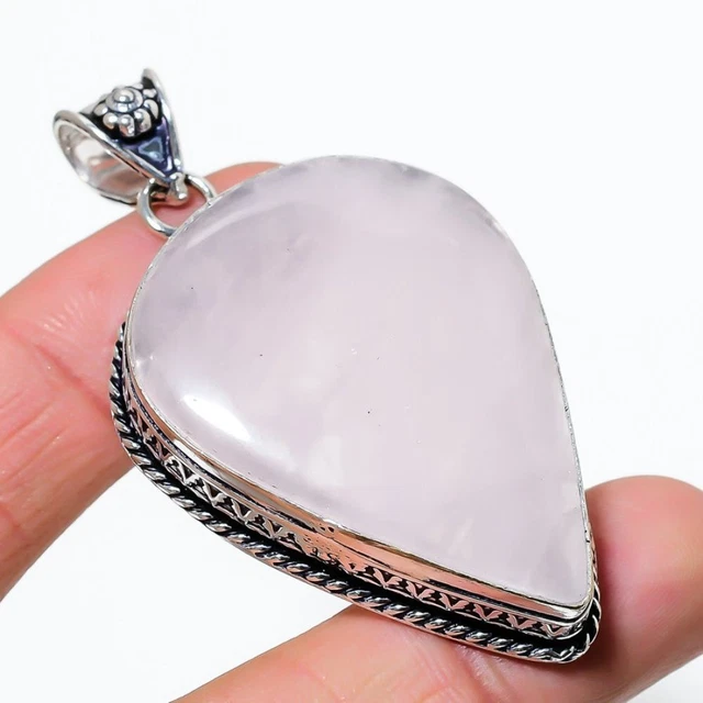 Rose Quartz Handmade Gift 925 Sterling Silver Jewelry Pendant 2.56" l398