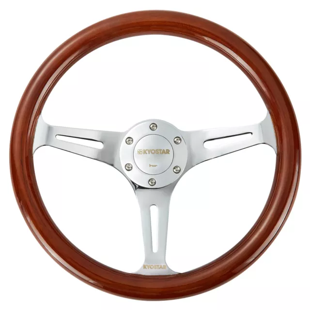 14'' Classic Wooden Steering Wheel 350mm Wood Grain Trim Chrome Spoke Car Silver