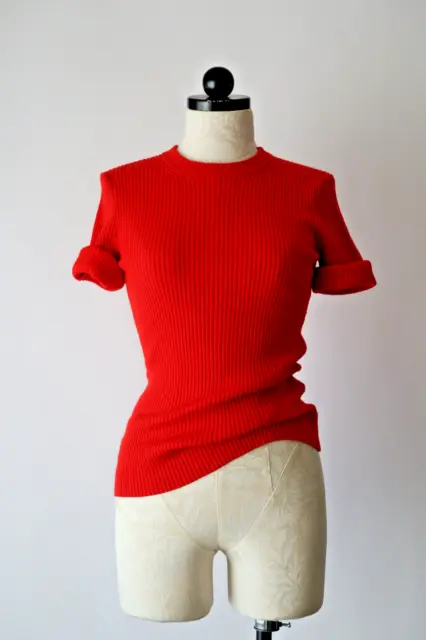 3.1 Phillip Lim Bright Red Wool Short Sleeve Ribbed Top Sweater Shell Women XS