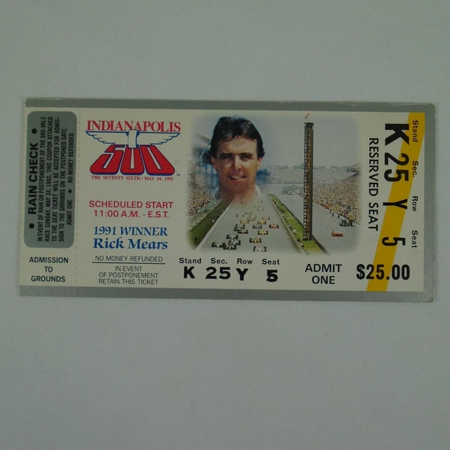 1992 Indy 500 Used Race Ticket Stub Reserver Seat Stand K Sec. 25 Row Y Seat 5