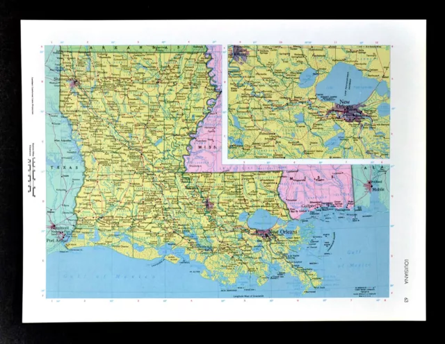 c1970 McNally Cosmo Map - Louisiana  New Orleans Baton Rouge Lake Charles Monroe