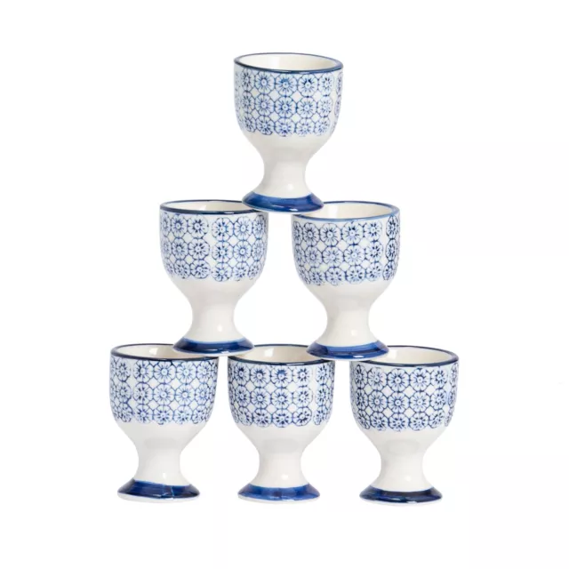 6x Hand-Printed Egg Cups Japanese Style Porcelain Breakfast Crockery 5.5cm Navy