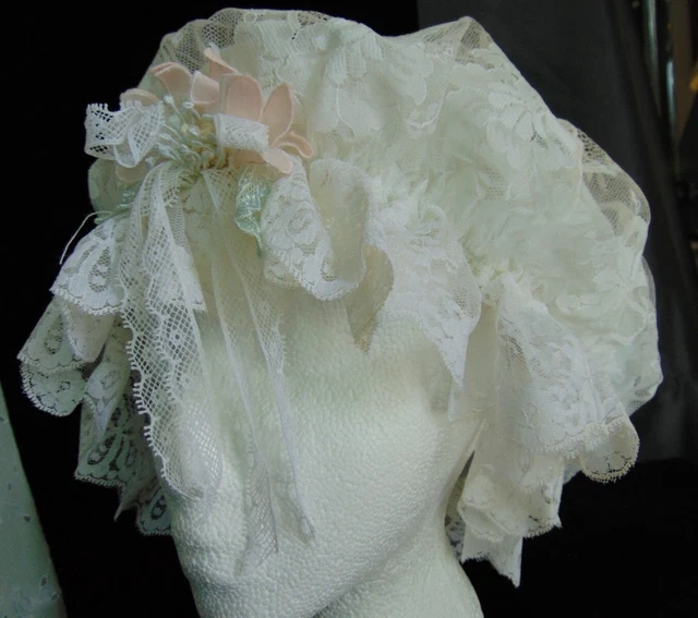 Bridal Shower cap White lace floral detail - one size