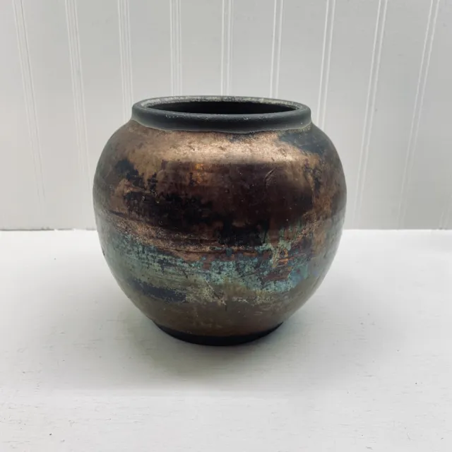 Vintage Raku Art Pottery Vase Iridescent Copper Metalic Glaze, Signed 1984