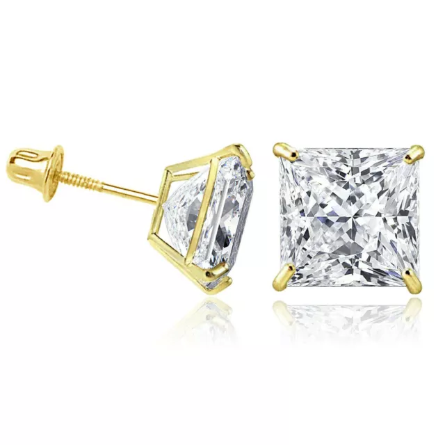 14K Solid Yellow Gold Square Princess Cubic Zirconia Screw Back Stud Earrings