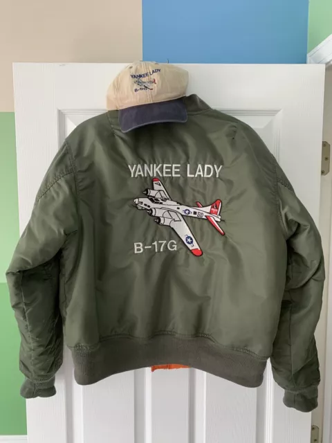 Vintage Yankee Lady B-17 flight jacket green Medium With Hat Military Pilot