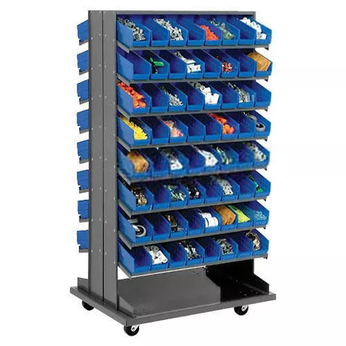 Double-Sided Mobile Rack 16 Shelvs with (128) 4"W Blue Bins