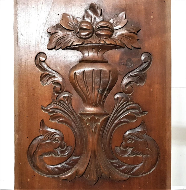 Griffin scroll leaf wood carving panel - Antique french architectural salvage .