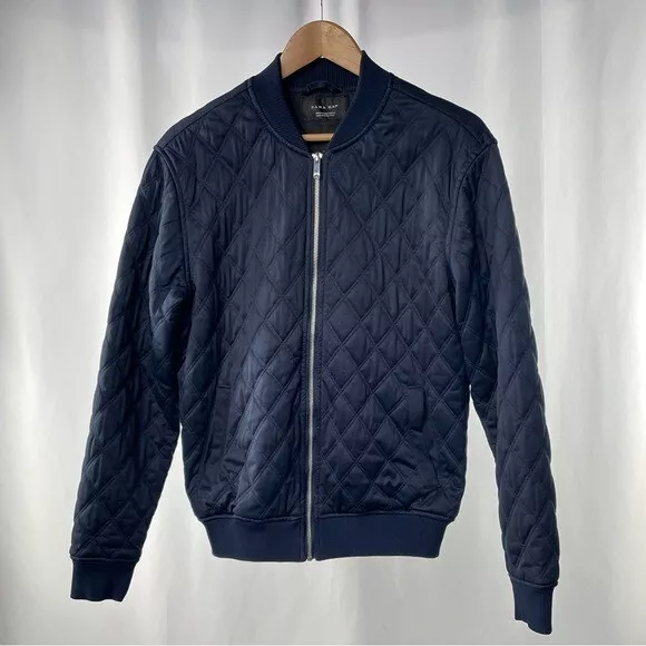 Zara Man Full Zip Quilted Bomber Jacket in Navy Size Medium