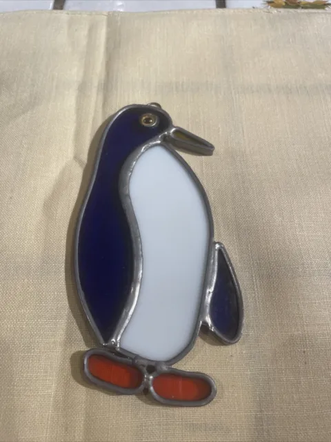 Vintage Stained Glass Penguin Sun Catcher Decor Cobalt Blue Penguins Mint Cond.
