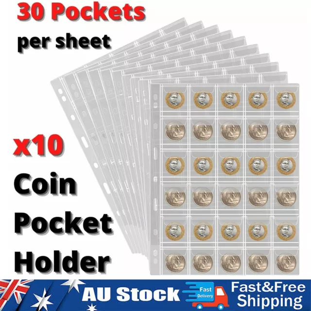 10x30 Pockets Coin Holder Sheet Clear Storage Page Collection Album Folder Book
