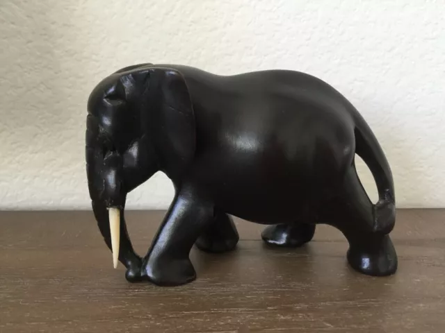 Vintage Hand Carved African Ebony Wood Elephant Sculpture Statue