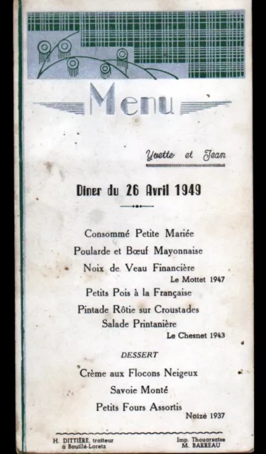 BOUILLE-LORETZ (79) Traiteur "H. DITTIERE" MENU en 1949