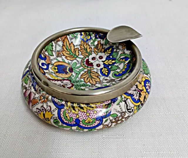 Beautiful Vintage Ceramic Multicoloured Floral Ashtray EPNS Silver Plated Rim