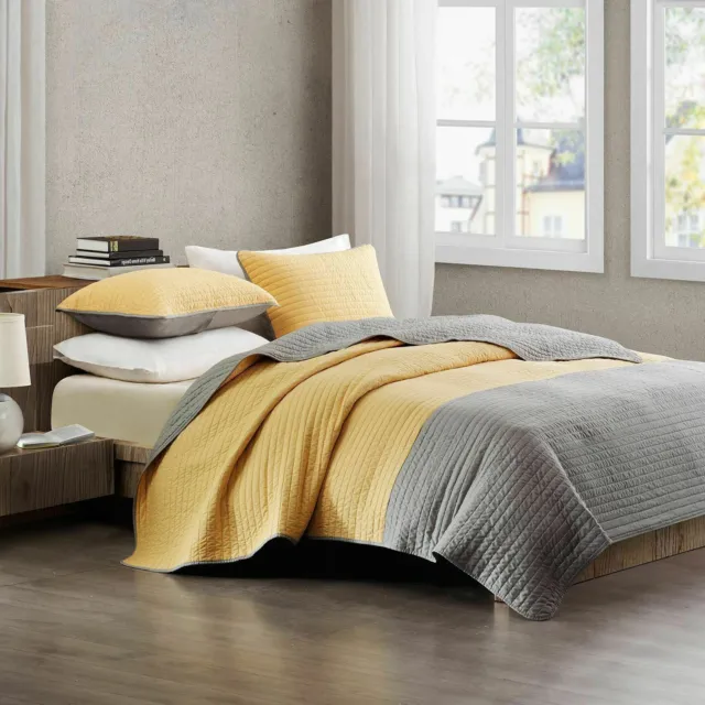 Echo Design 3 piece quilt King Coverlet Comforter & Sham Set, Grey and Yellow