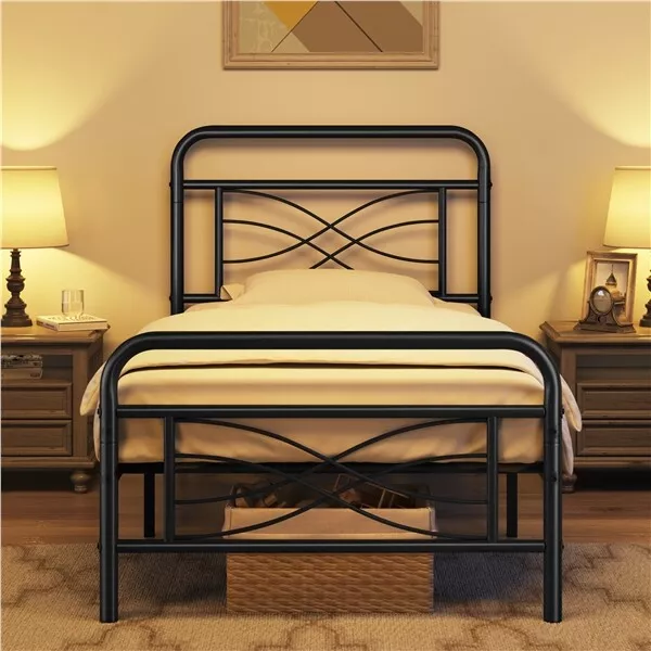 Twin/Full/Queen Size Bed Frame Metal Platform Bed with Headboard Footboard Black