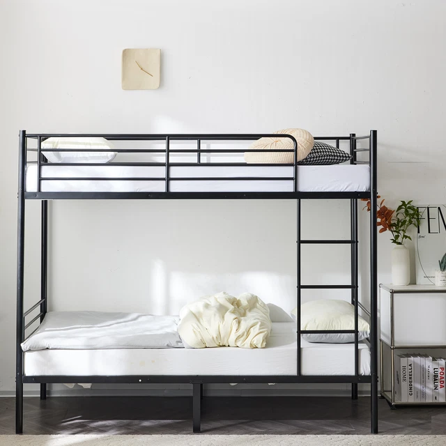 IRON TWIN BUNK Bed for Kids with Ladder Black Metal Frame Space Saving