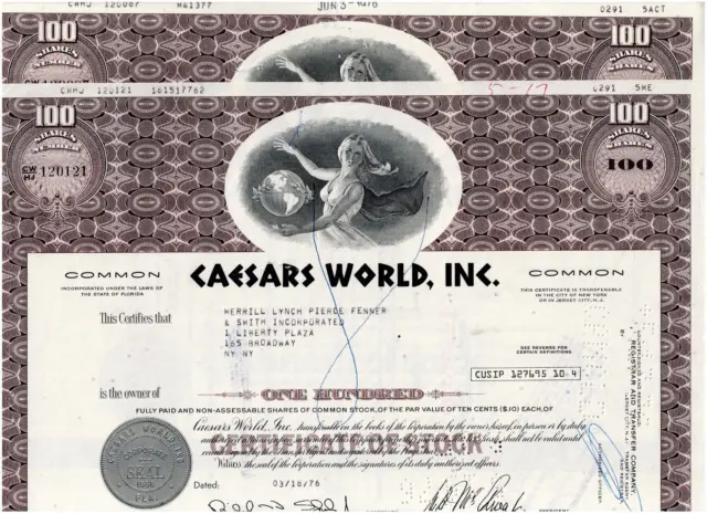 Set 2 Caesars World, Inc., 1970s, top-brand, rarer 100 shares brown! VF - see