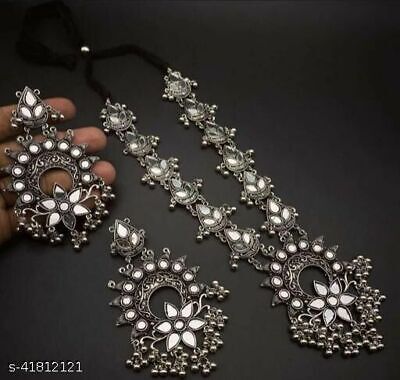 Pakistani Indian Bollywood Long German Silver Necklac Wedding Bridal Jewelry Set