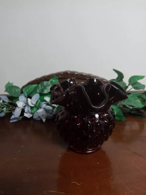 Fenton Glass Ruby Hobnail Rose Bowl 5" Fenton Logo Beautiful Color!!