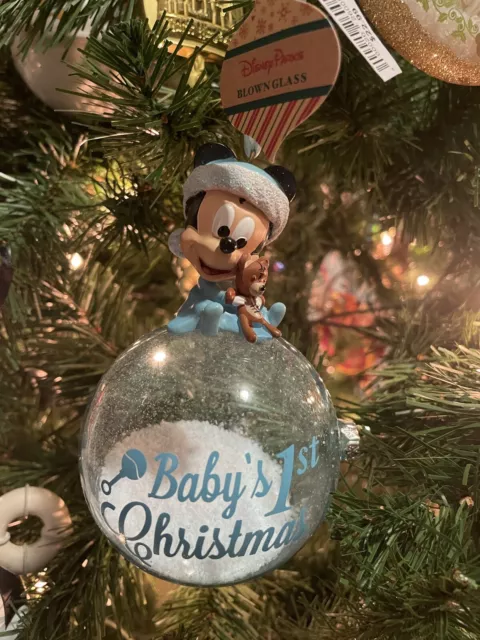 Disney Parks Baby's First 1st Christmas Glass Ball Ornament Mickey Mouse NWT